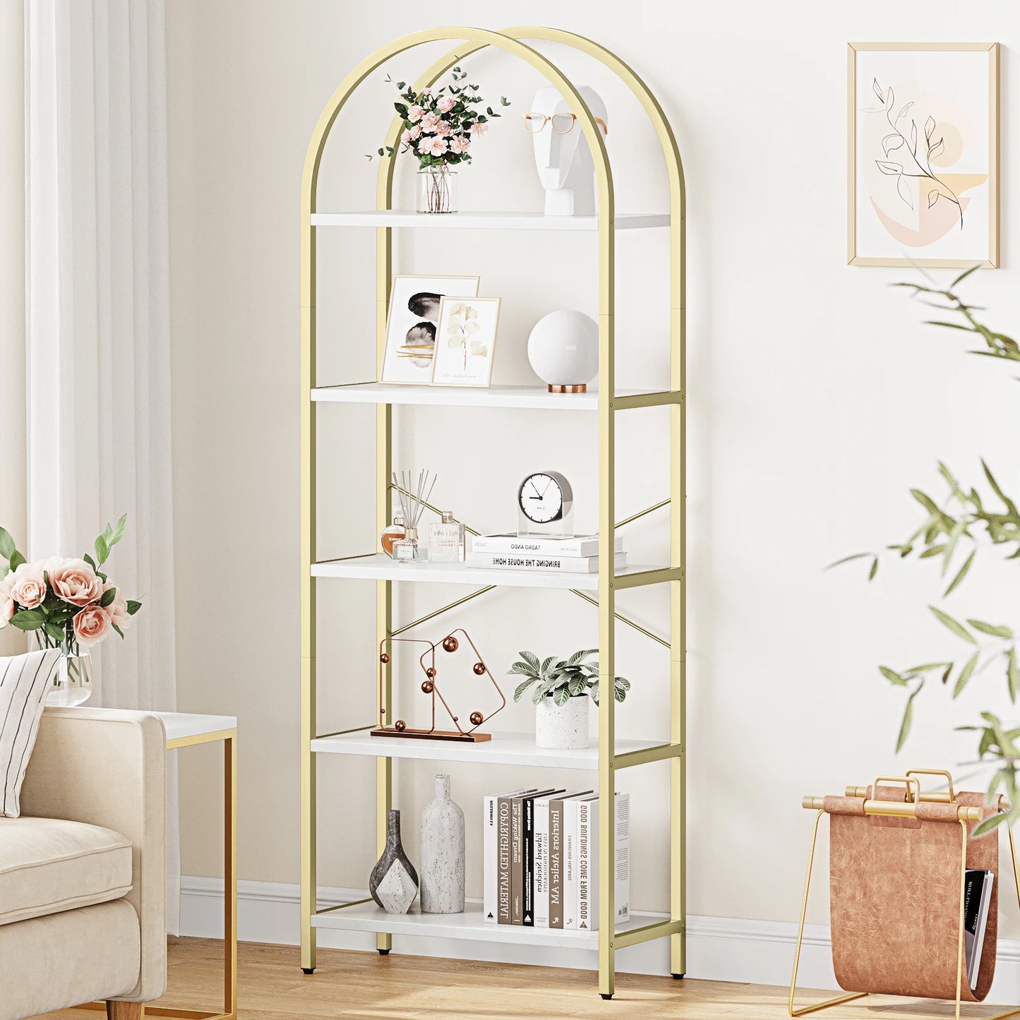 5 Tier Arched Bookcase With Sturdy Metal Frame For Bedroom And Living Room Storage