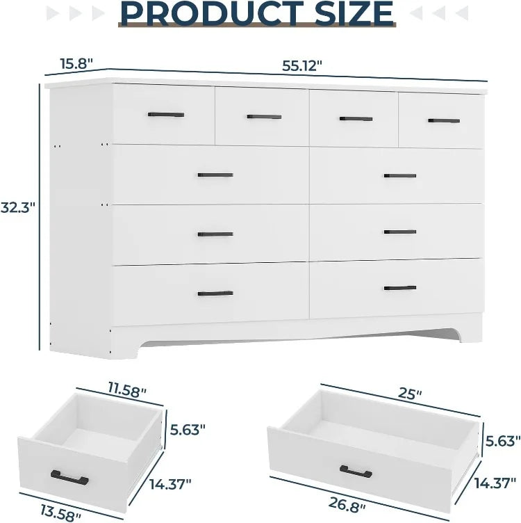 Dresser Organizer With 10 Drawers And TV Stand Power Outlets