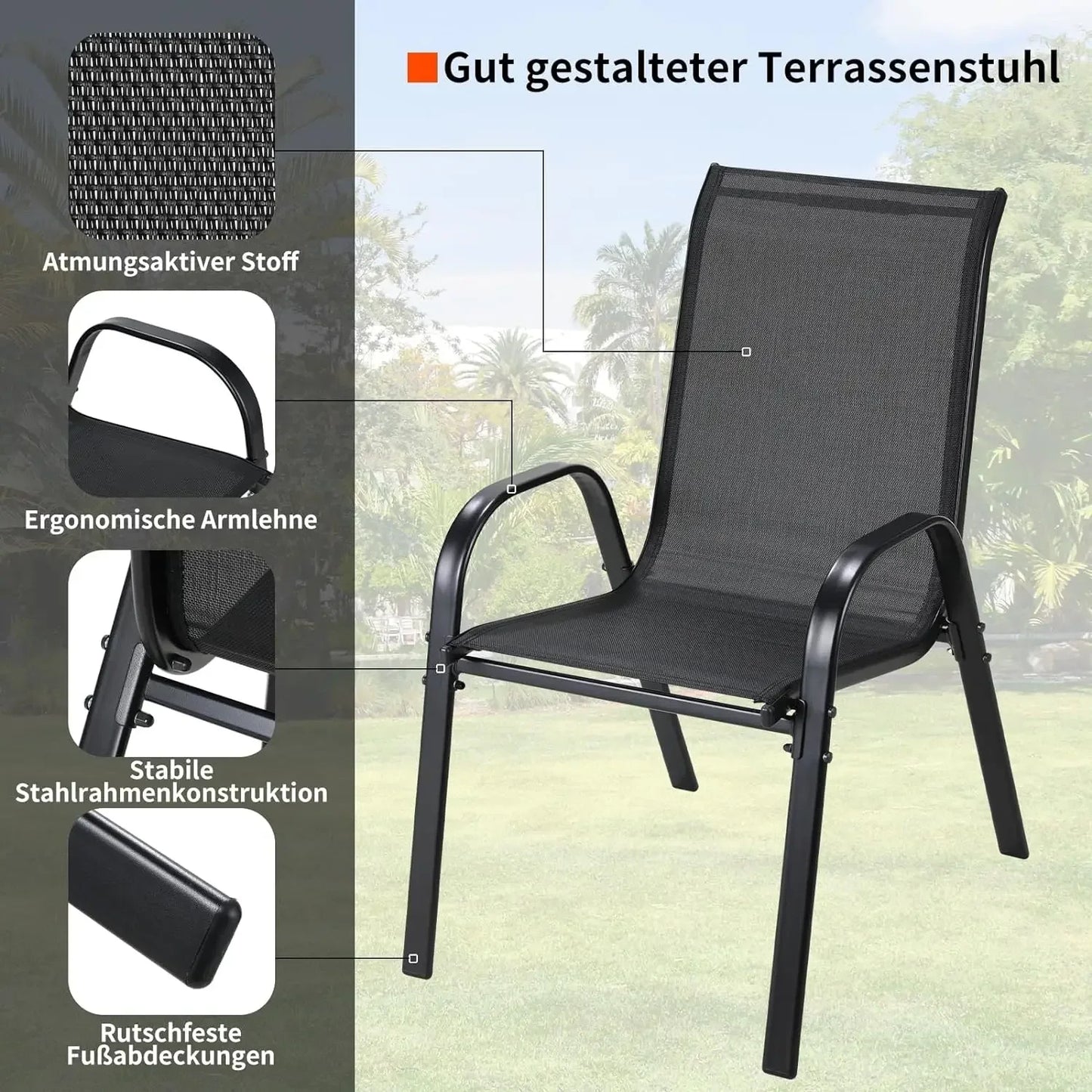 4 Metal Outdoor Chair Set Stackable Patio Textilene Dining Chair Stack Metal Frame Set of 4, Load Weight 150kg, Black,Brown,Gray