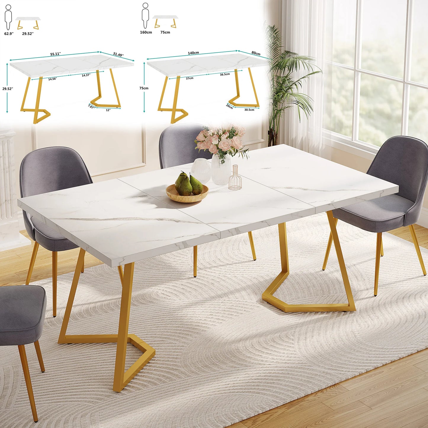 Tribesigns Rectangular Dining Table Modern Kitchen Table With Faux Marble Top