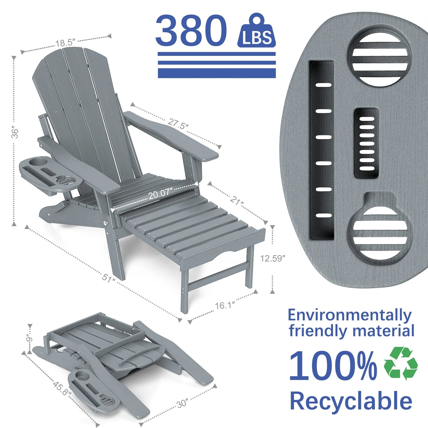 Foowin Adjustable Adirondack Chair With Retractable Ottoman And Side Tray