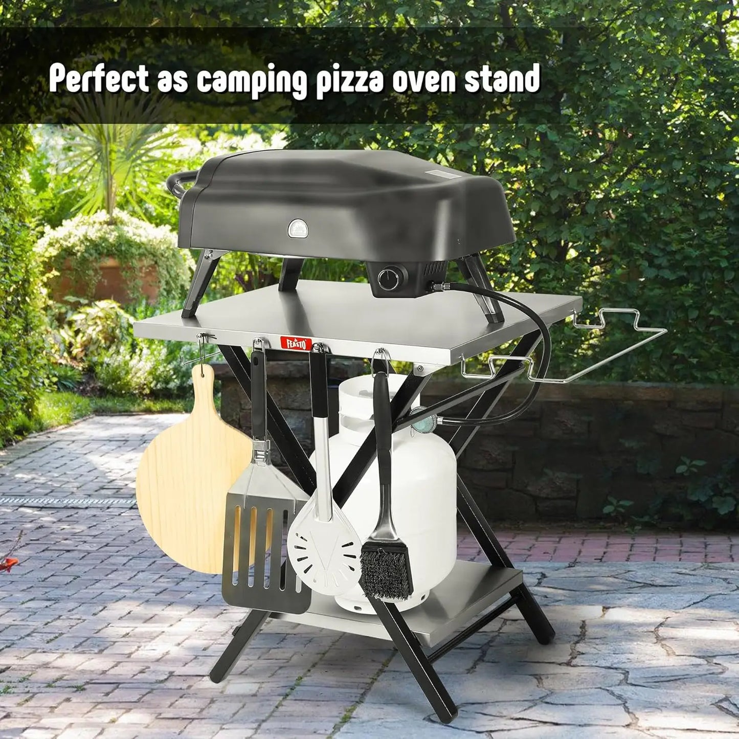 Foldable Stainless Steel Outdoor Grill Table With Storage Shelf