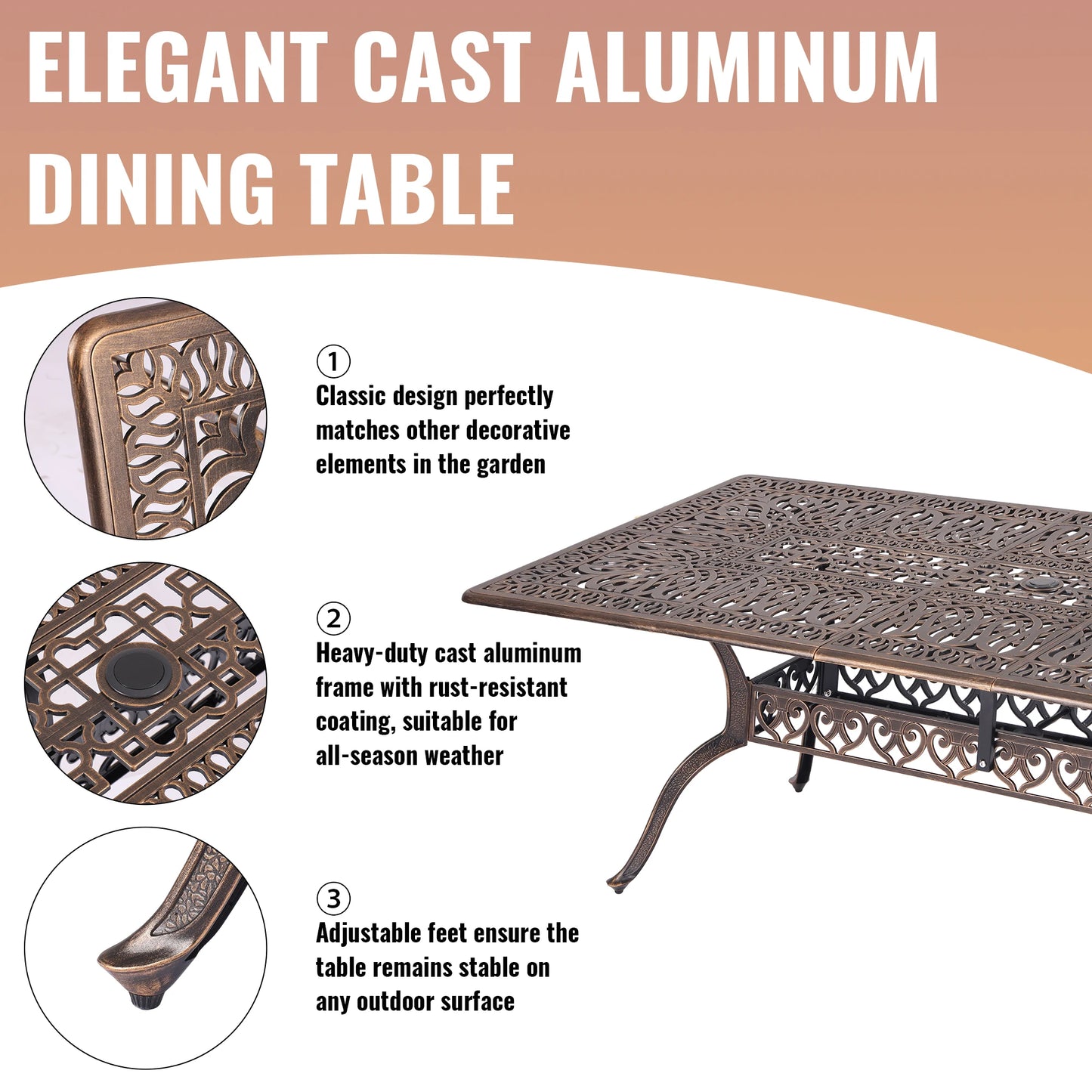 Cast Aluminum Outdoor Patio Dining Set Featuring Umbrella Hole