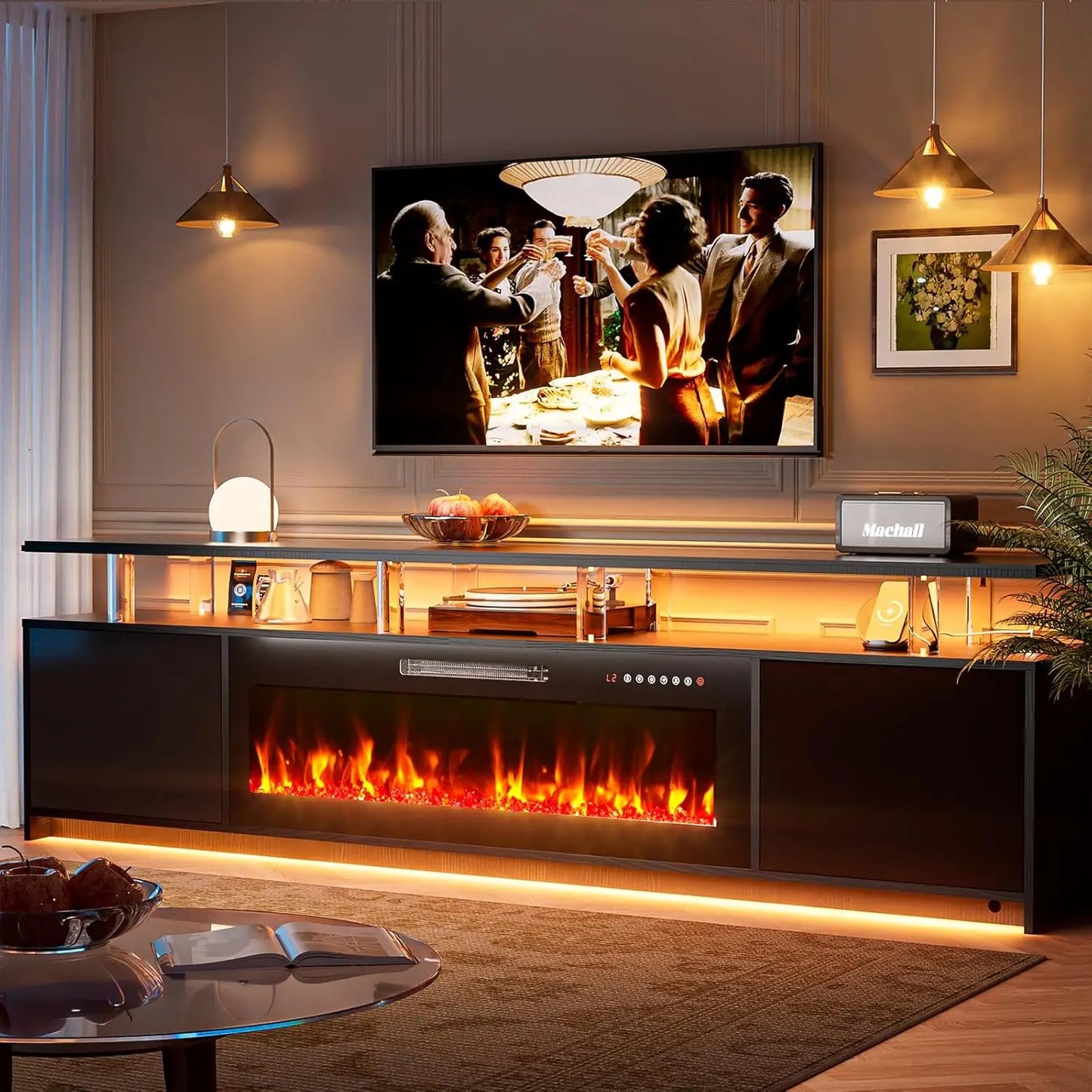 Guangbai Modern Fireplace TV Stand with LED Lights and Storage