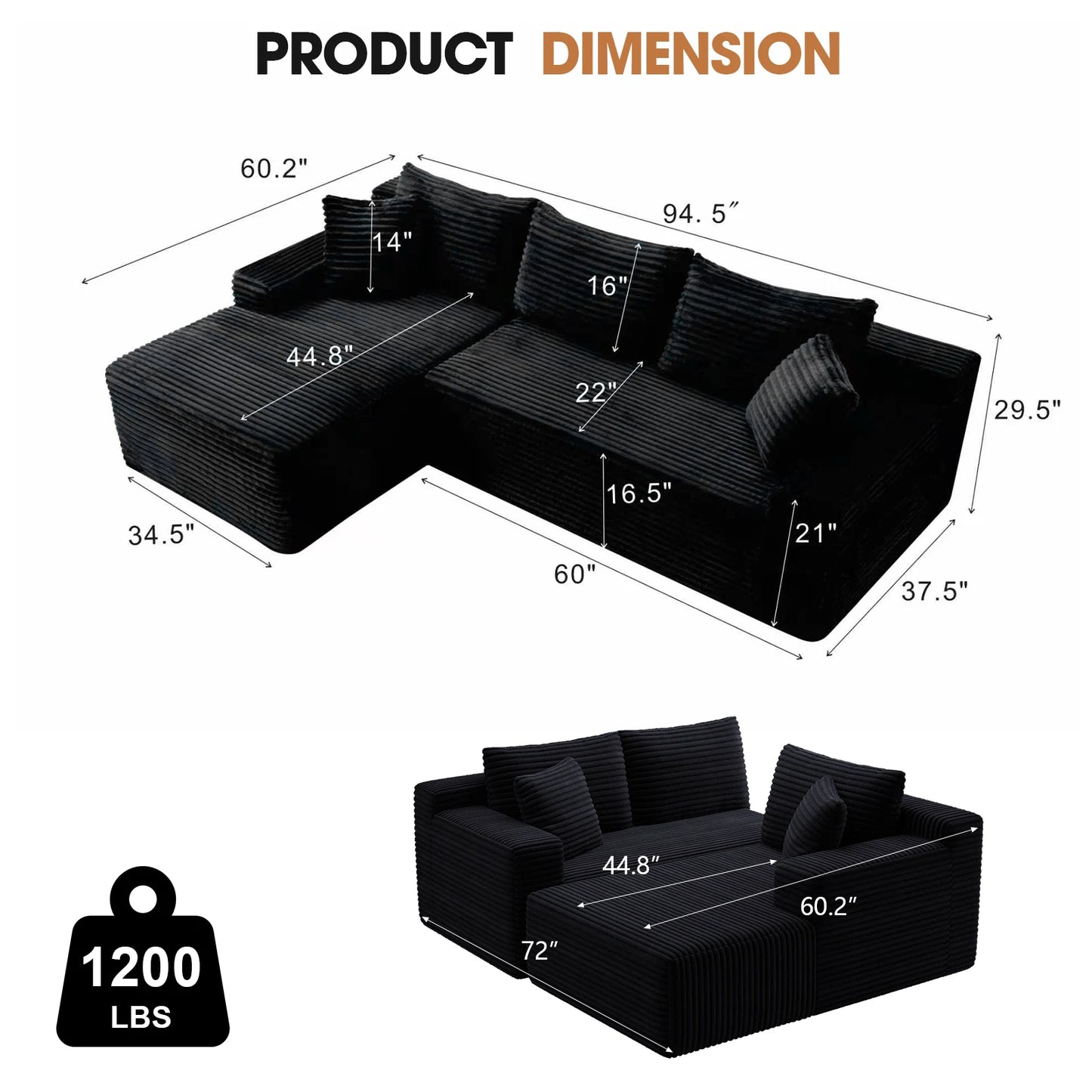 Cloud Modular Corduroy Sectional Sofa With L Shaped Chaise