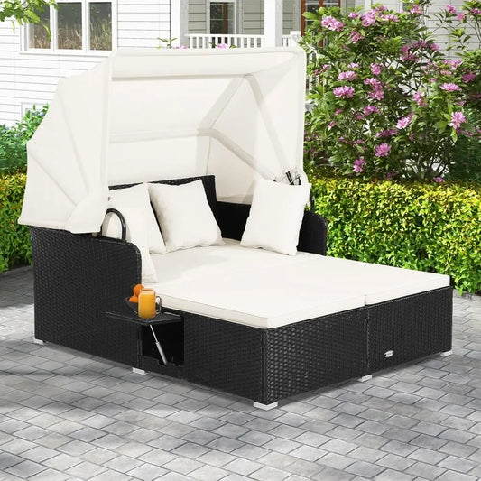 Outdoor Daybed 2 Person Wicker Lounge With Retractable Canopy Cushions