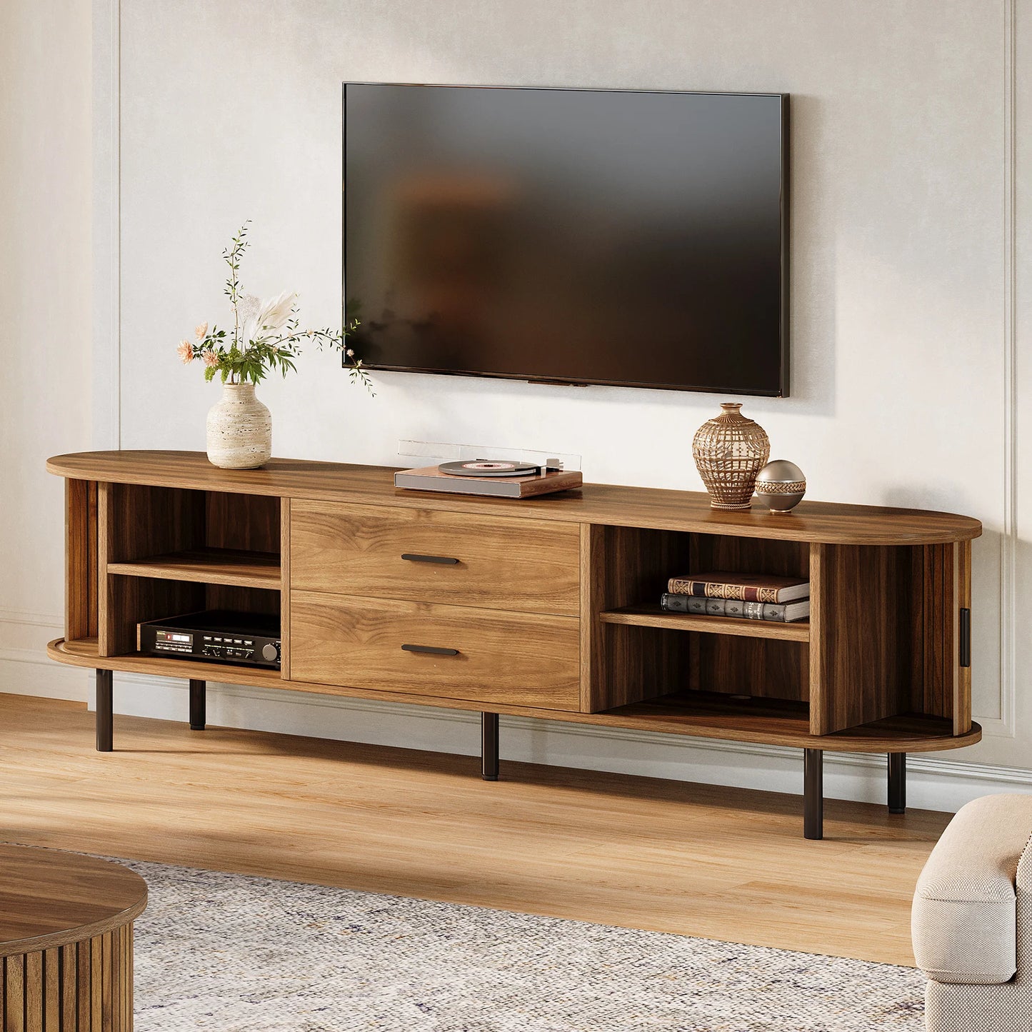Tribesigns Mid-Century TV Stand With Sliding Tambour Doors and Shelves