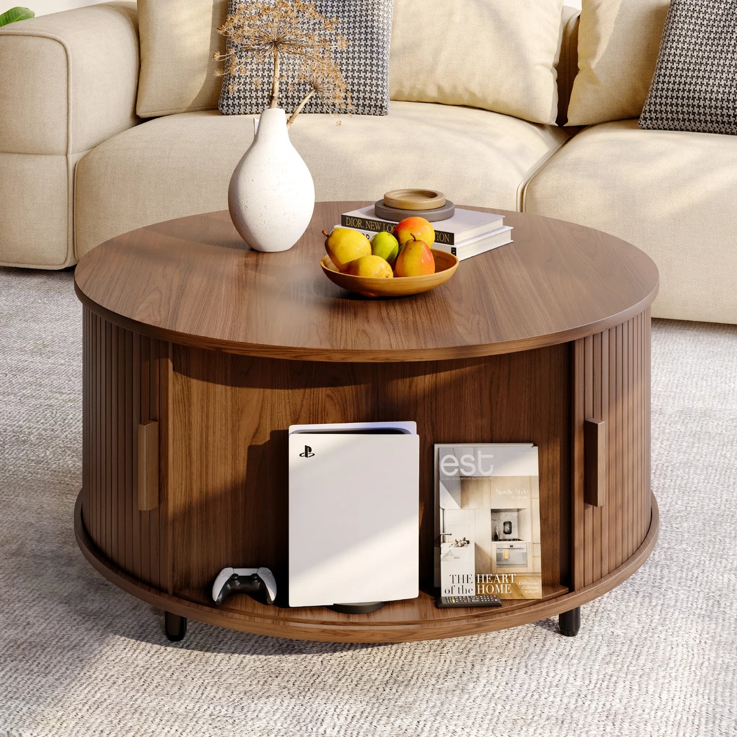 Round Coffee Table With Storage Fluted Wood Accent