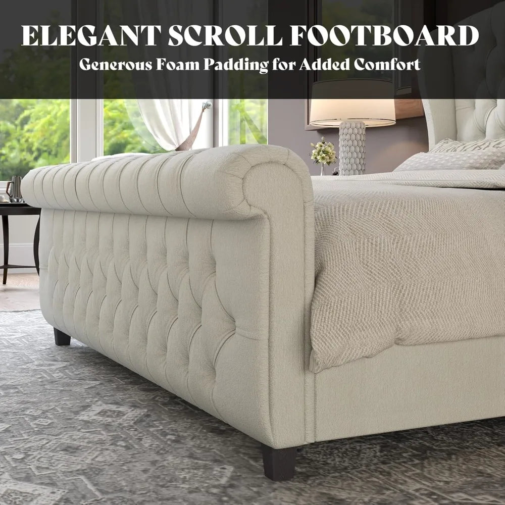 Platform Bed Frame With Scroll Wingback Headboard Footboard Velvet Upholstery