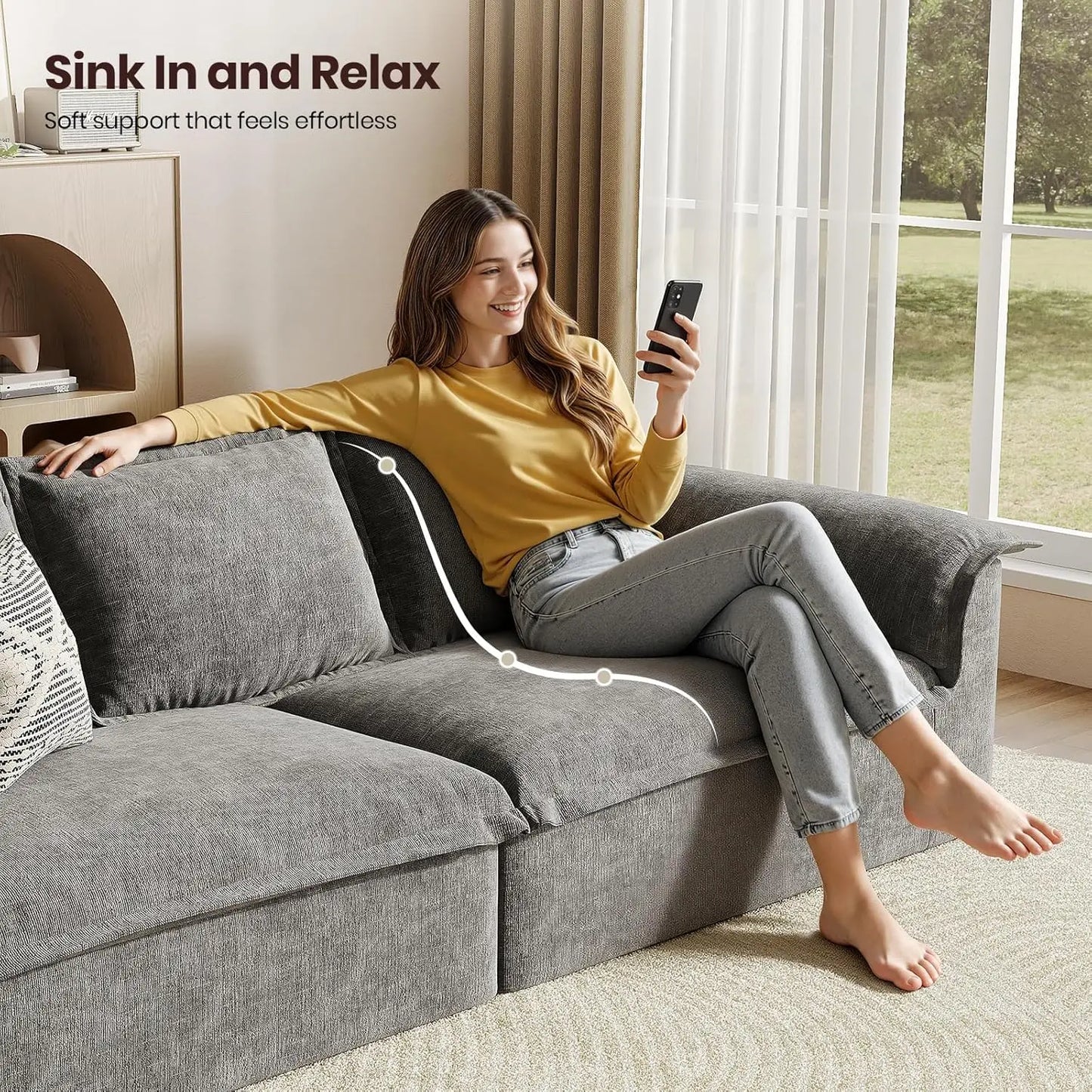 Corduroy Upholstered Floor Couch For Living Room No Assembly Required