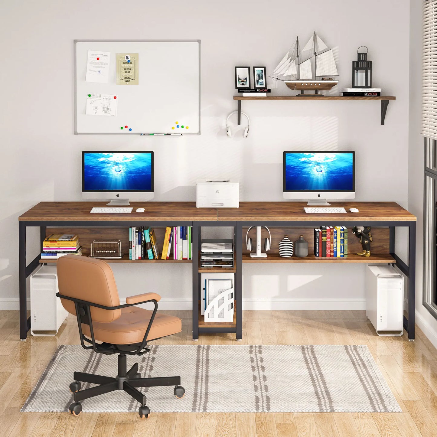 Tribesigns Two Person Desk With Bookshelf For Home Office Rustic