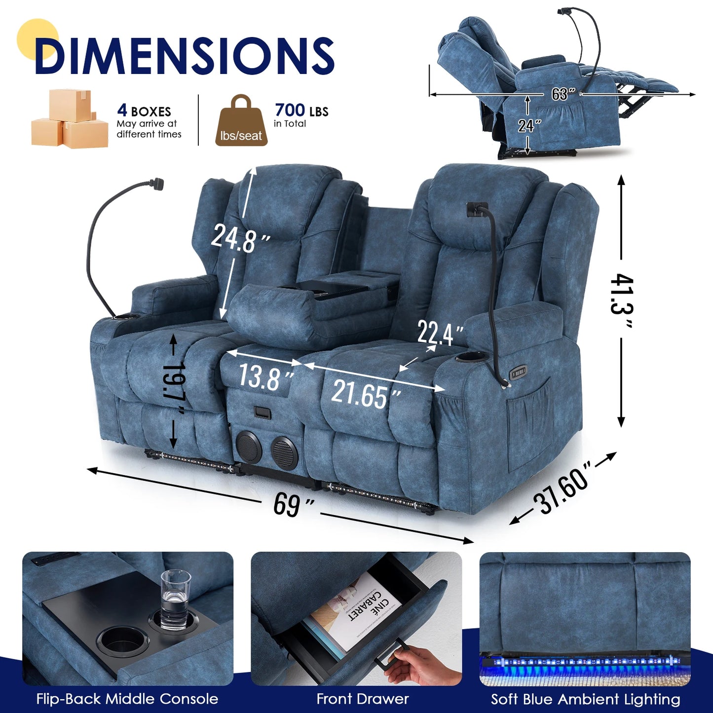 Loveseat Recliner Sofa With Console And Heated Massage
