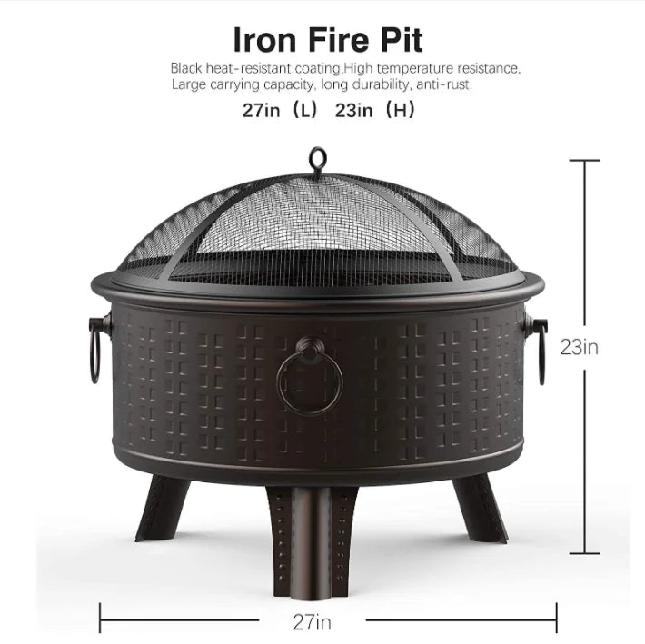 Outdoor Steel Wood Burning Fire Pit Bowl With Poker Cover
