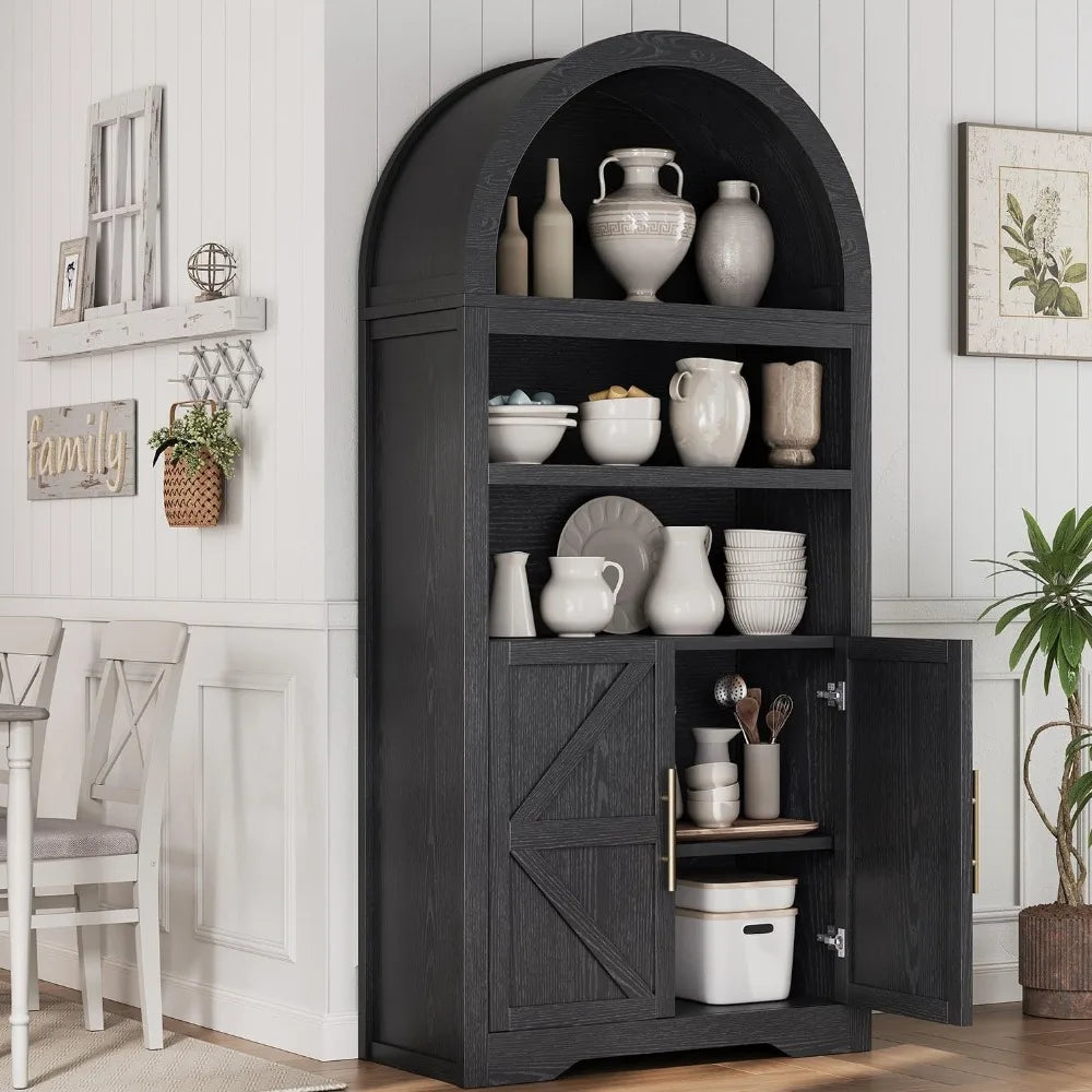 Arched Bookshelf Cabinet With Doors And Shelves For Kitchen Pantry