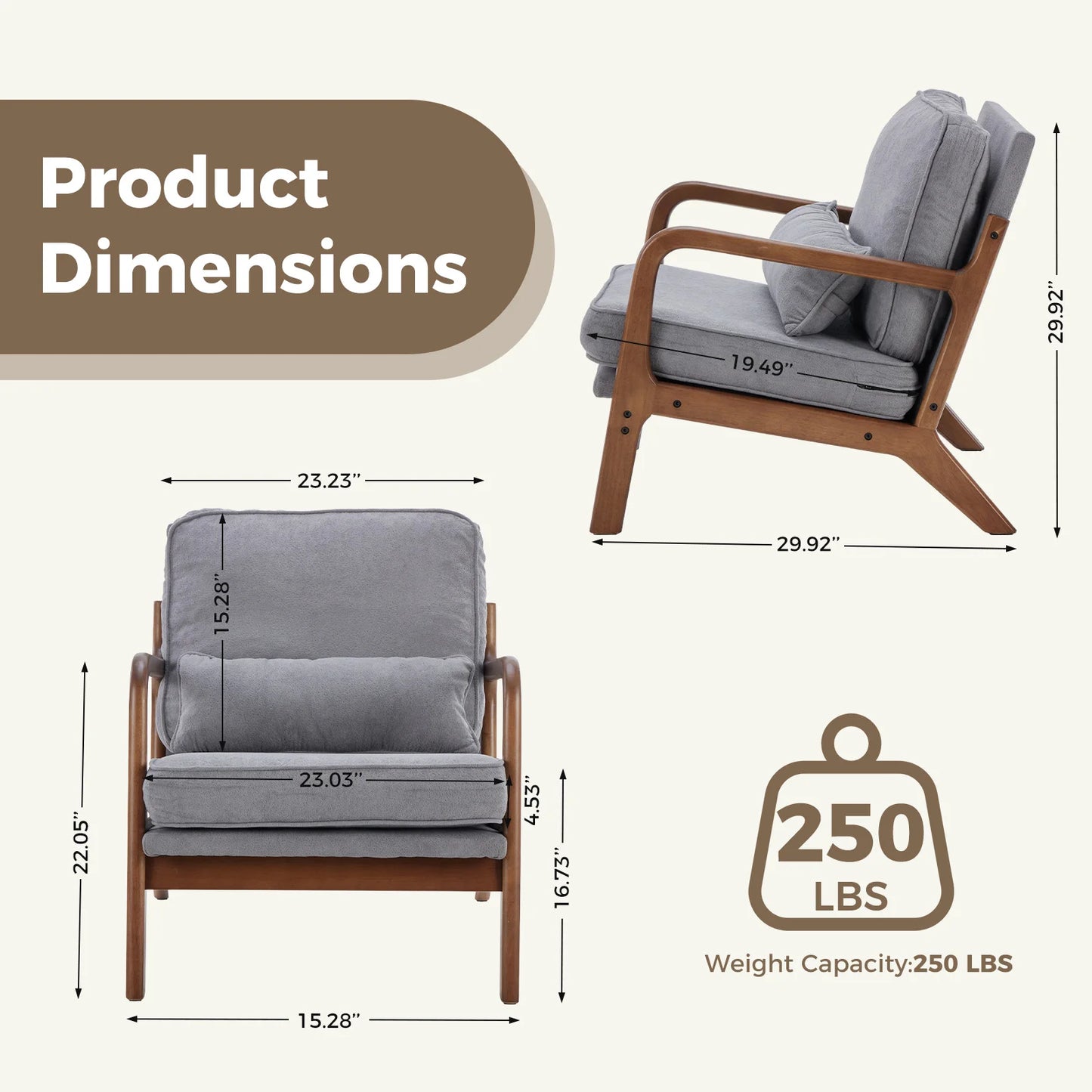 JHK Mid Century Modern Rubberwood Armchair With Durable HighDensityFoam Cushions