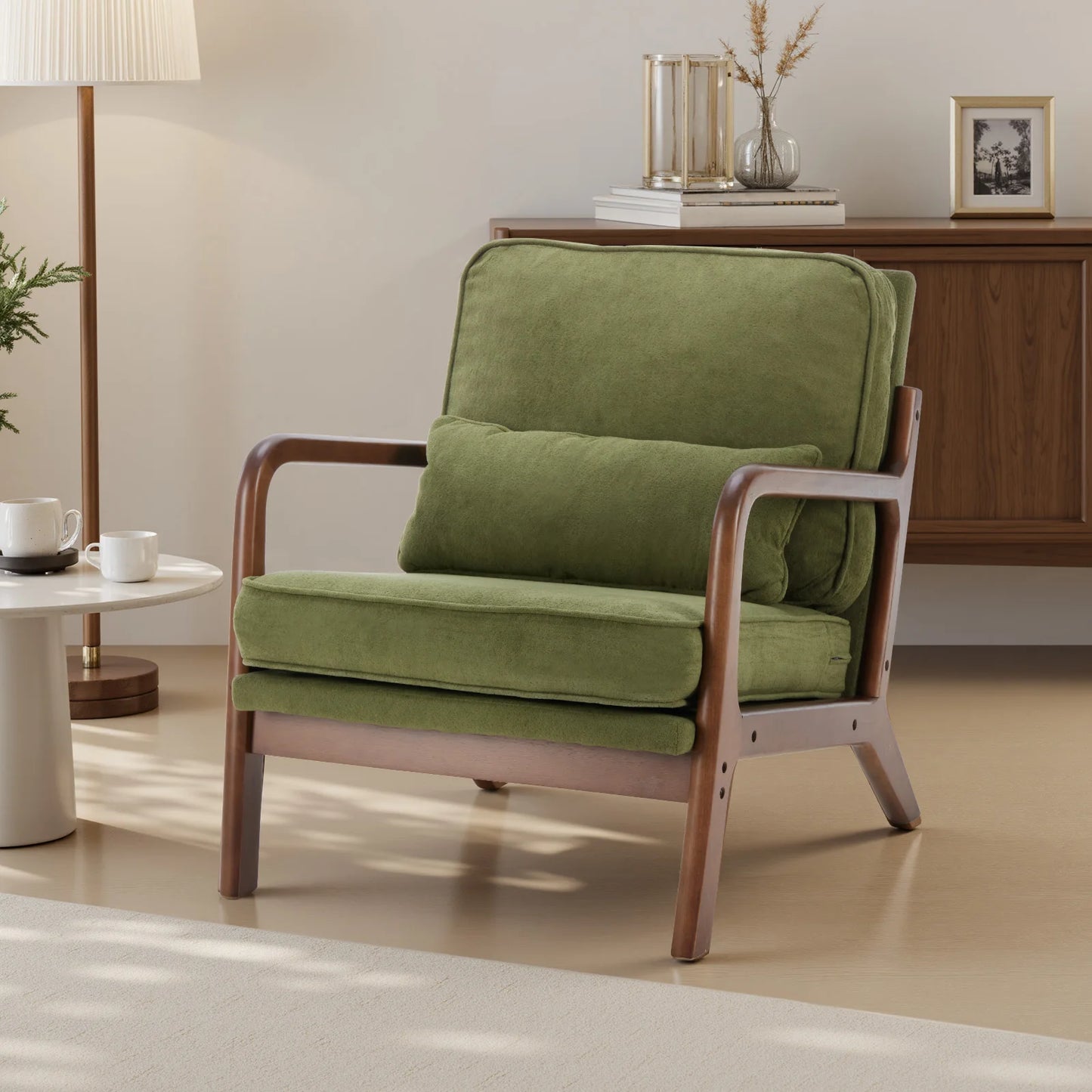 JHK Mid Century Modern Rubberwood Armchair With Durable HighDensityFoam Cushions