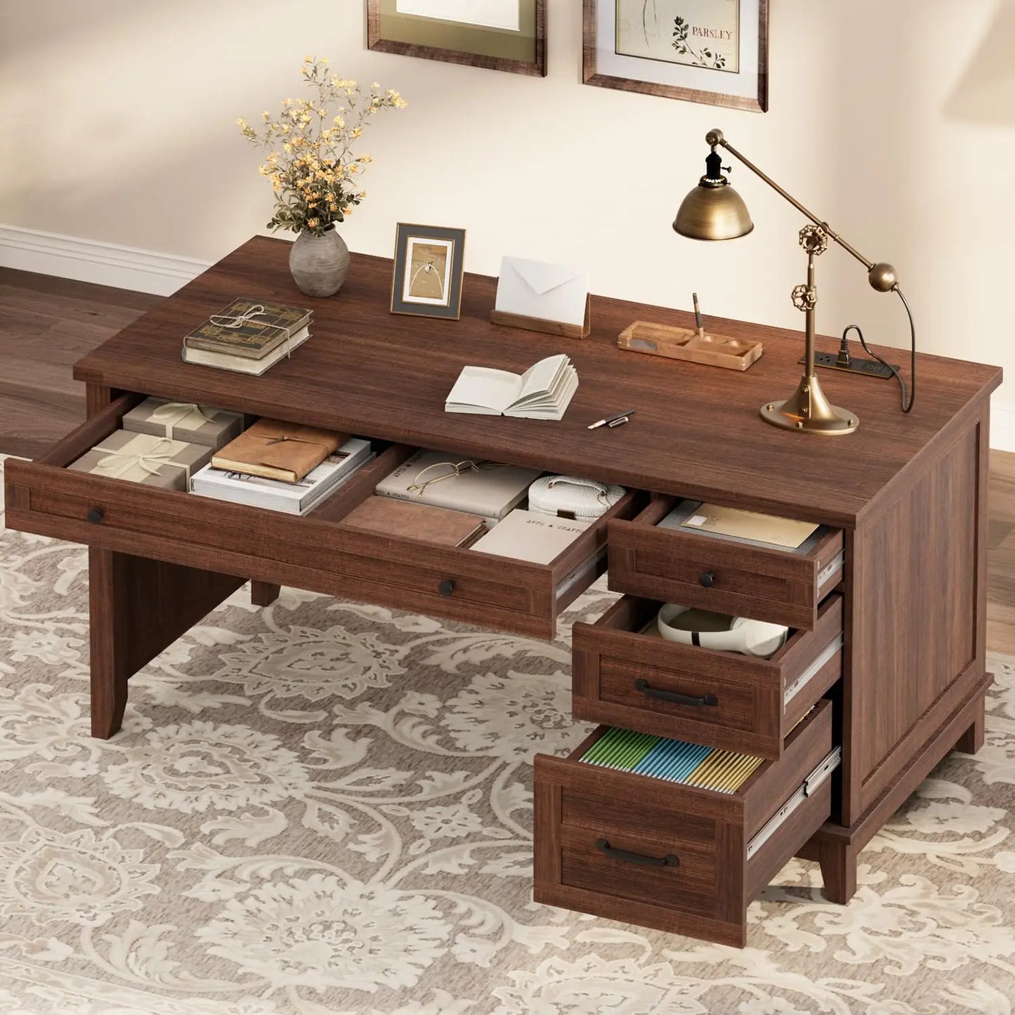 Farmhouse Executive L Shaped Desk With Drawers And Charging Station