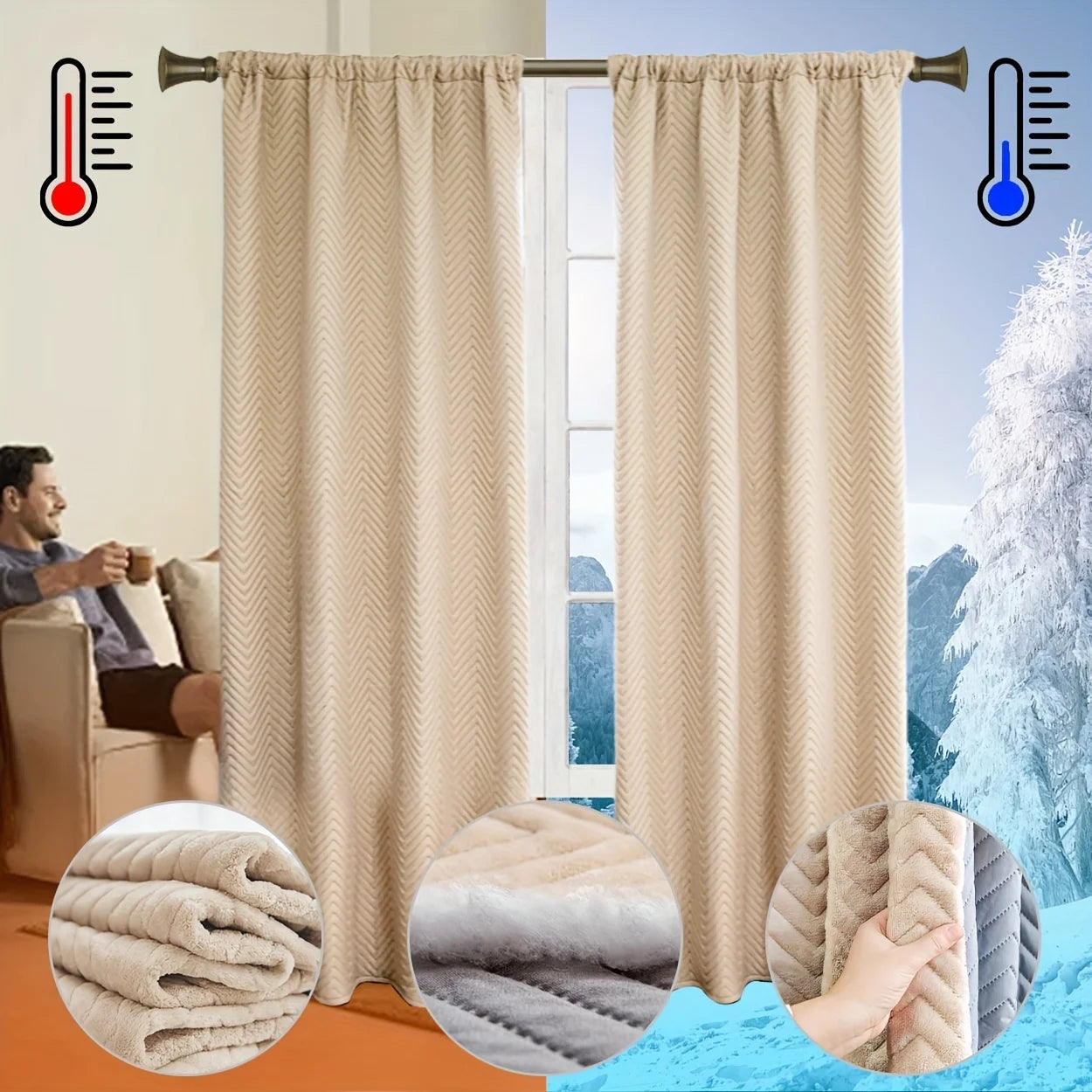 1Pc Thick Blackout Curtains with Velvet Lining, Comfortable Velvet Feel, Noise-Reducing, Windproof, Warm and Cold-Proof Curtains for Living Room and Bedroom, Multiple Installation Methods Including Rod Hooks