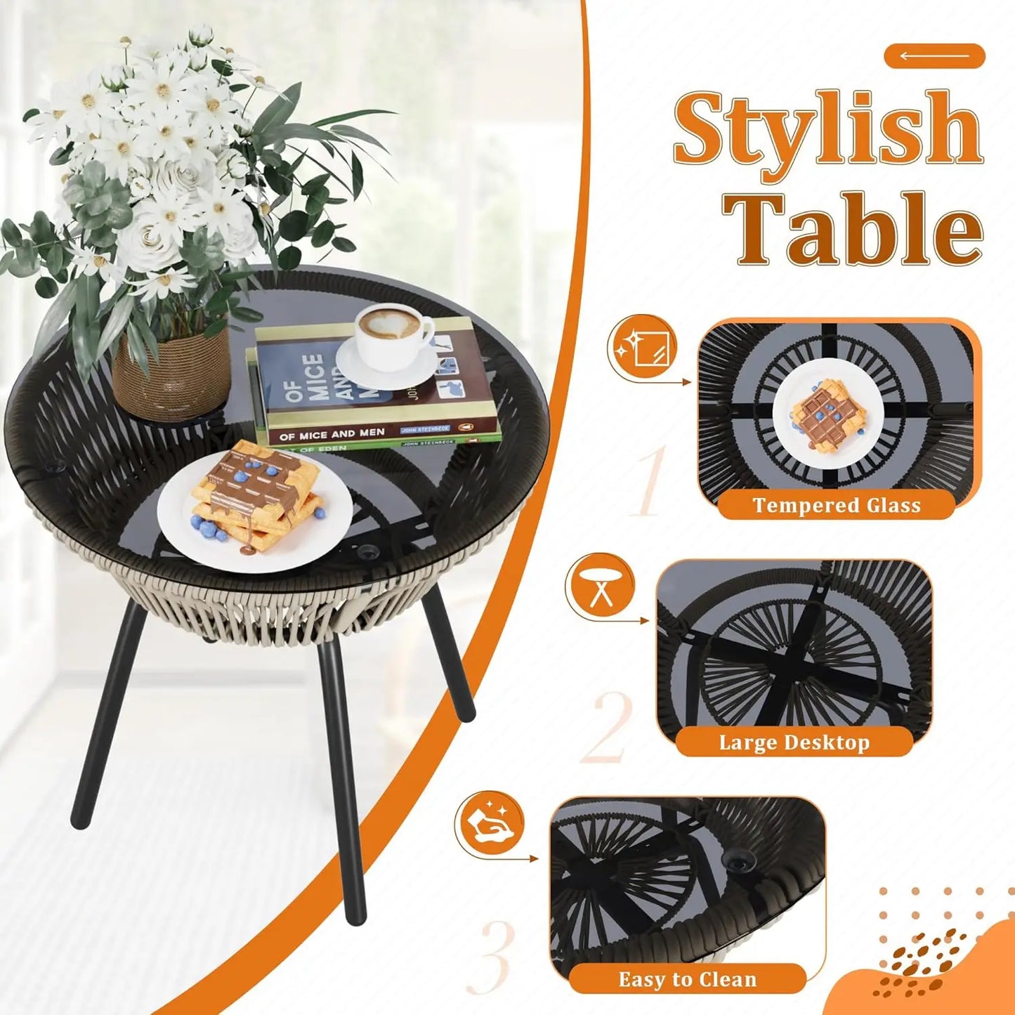 Patio Furniture Set 3 Piece Rope Woven Outdoor Bistro Set With Glass Table