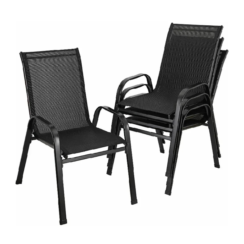 4 Metal Outdoor Chair Set Stackable Patio Textilene Dining Chair Stack Metal Frame Set of 4, Load Weight 150kg, Black,Brown,Gray