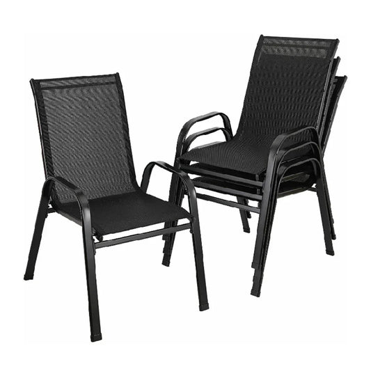 4 Metal Outdoor Chair Set Stackable Patio Textilene Dining Chair Stack Metal Frame Set of 4, Load Weight 150kg, Black,Brown,Gray