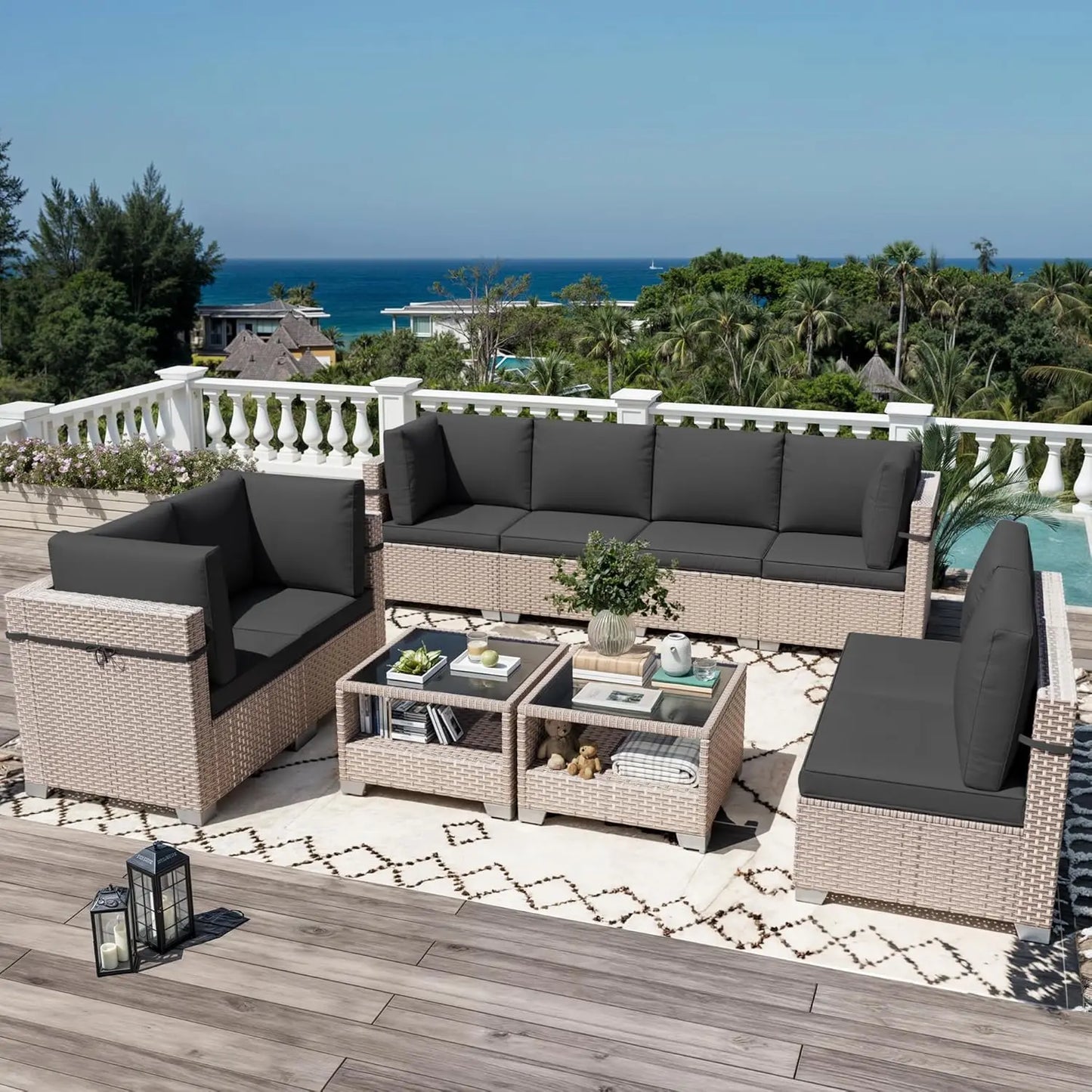 10 Pieces Patio Furniture Set, Outdoor Sectional Wicker Sofa with Thick Cushions and Storage Coffee Table, Rattan, Customized