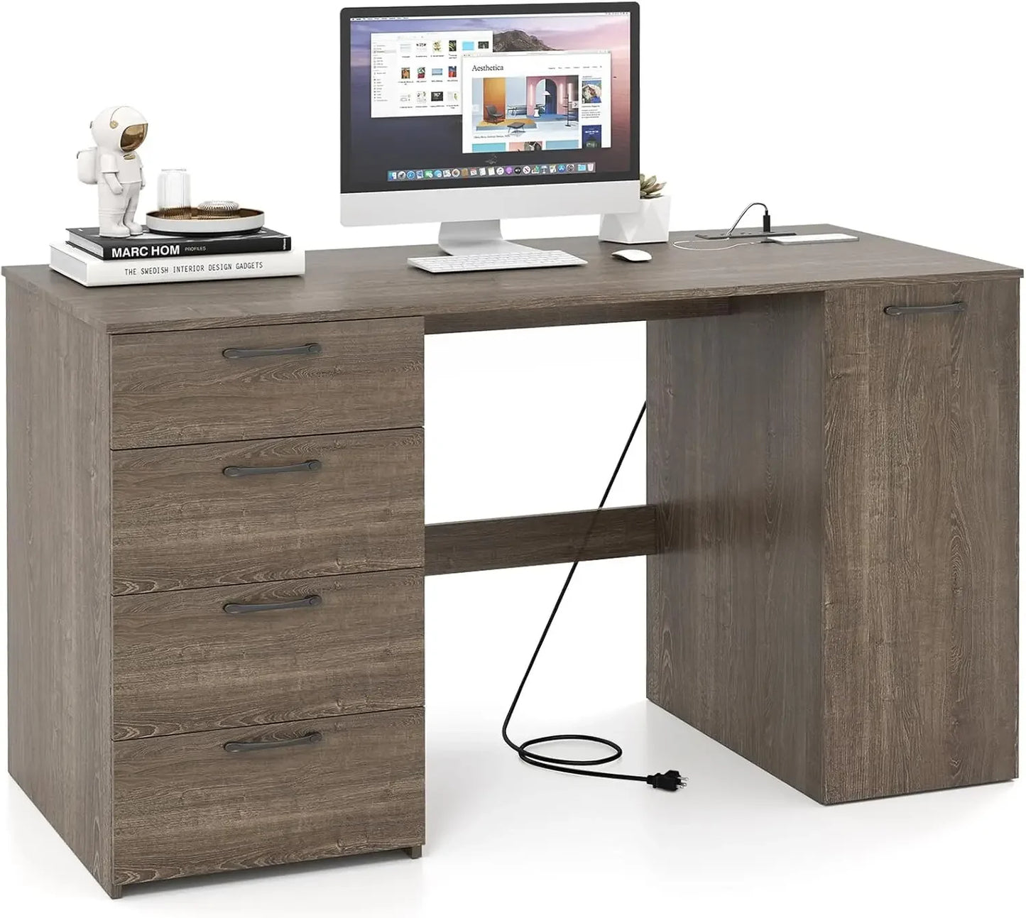 L Shaped Computer Desk With USB Outlet And Built In Storage Drawers For Home Office