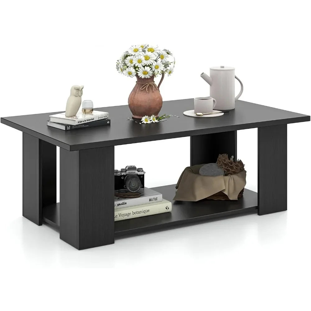 Two Tier Coffee Table Modern Rectangular Center Wooden Cocktail Table