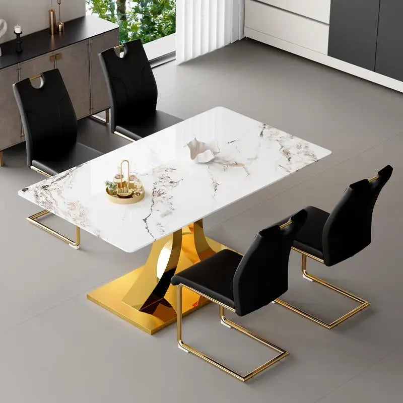 Marble Patterned Pressed Glass Dining Table Set With Gold Accent