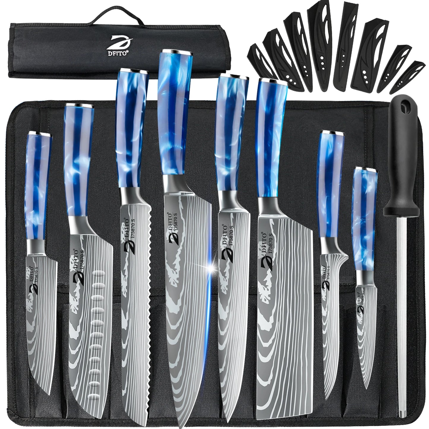 ZENG Stainless Steel Kitchen Knife Set Santoku Cleaver With Cover