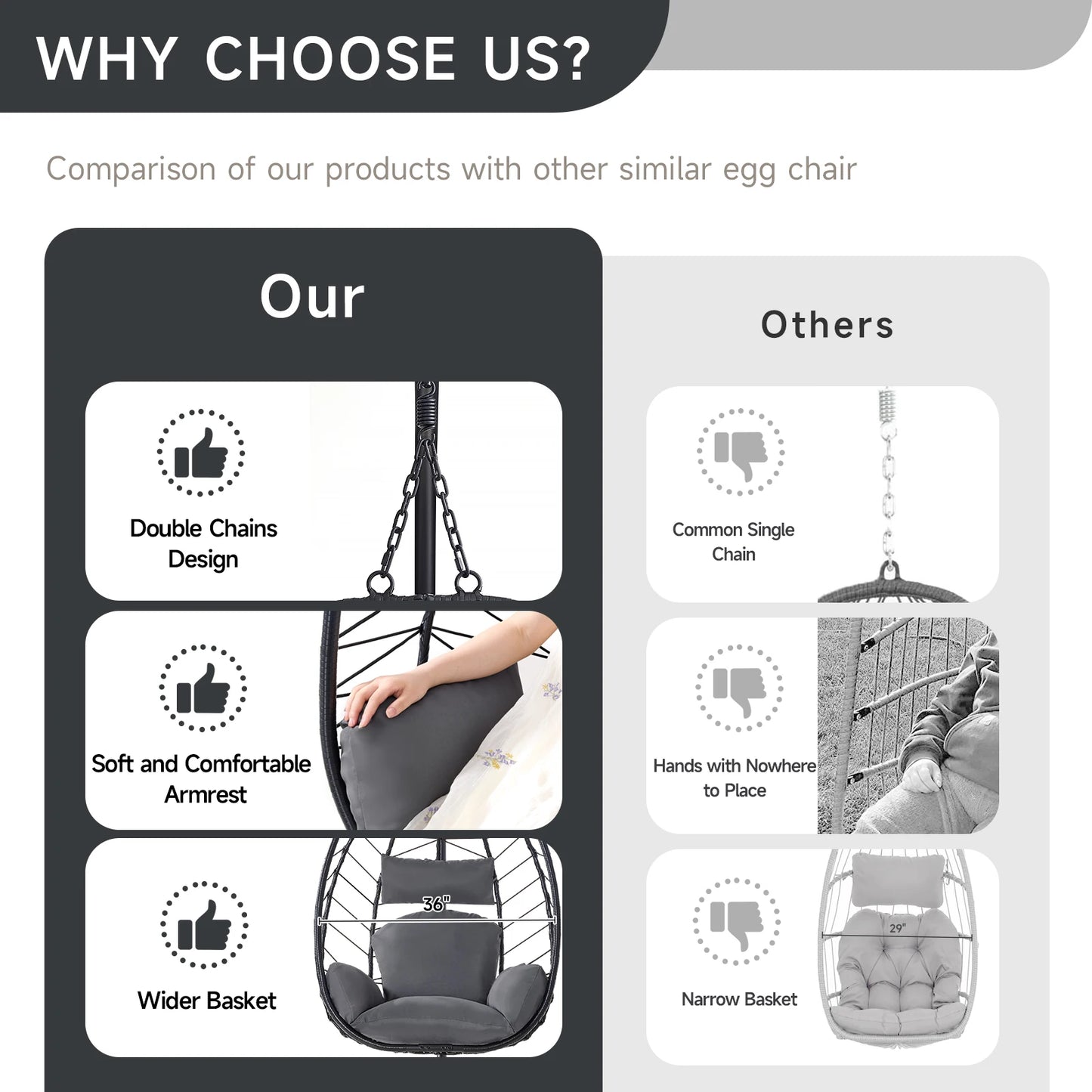 Egg Chair With Cushion Outdoor Hanging Wicker Rattan Dual Chains