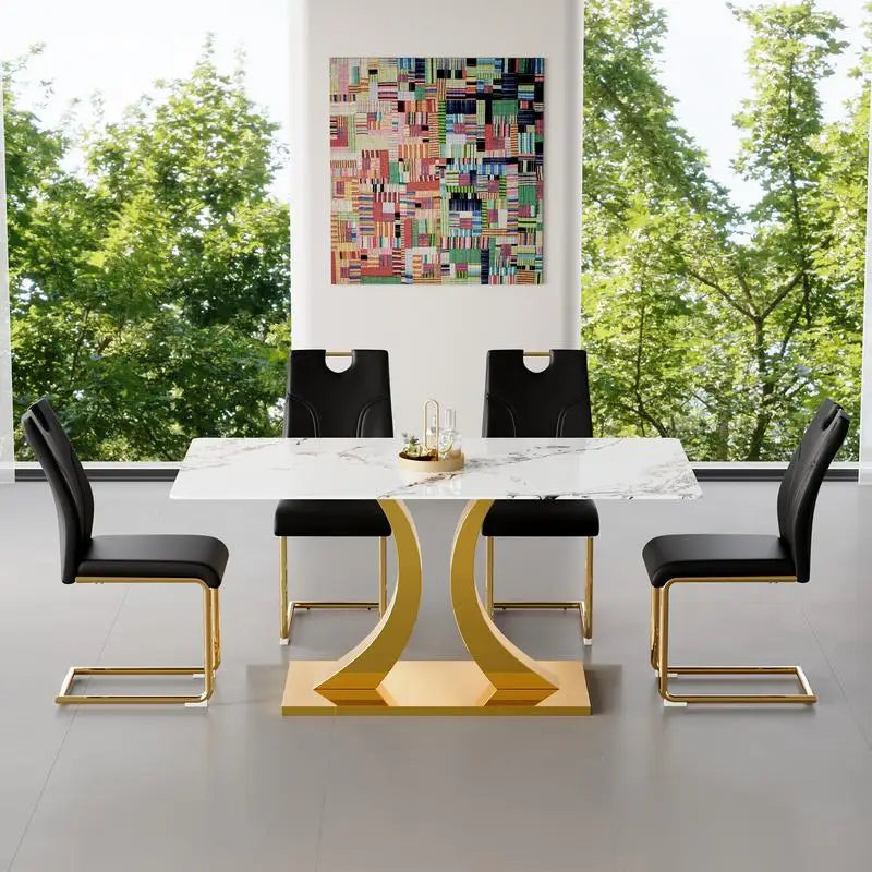 Marble Patterned Pressed Glass Dining Table Set With Gold Accent