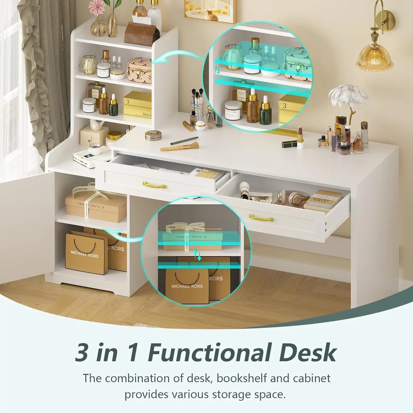 L Shape Bamboo Computer Desk With Drawers And Bookshelves