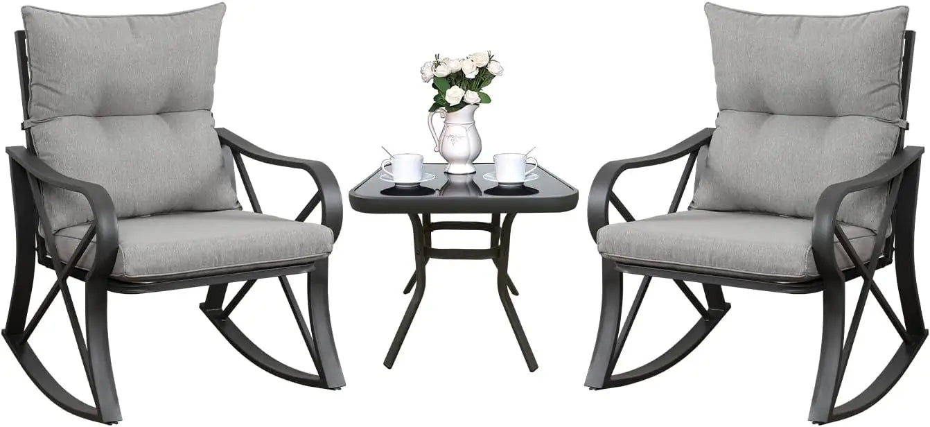 Cozy 3-Piece Bistro Set with Rocking Chairs, Gray Cushions & Glass Table for Outdoor Garden, Pool, Backyard