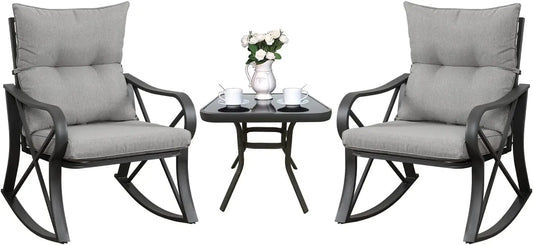 Cozy 3-Piece Bistro Set with Rocking Chairs, Gray Cushions & Glass Table for Outdoor Garden, Pool, Backyard