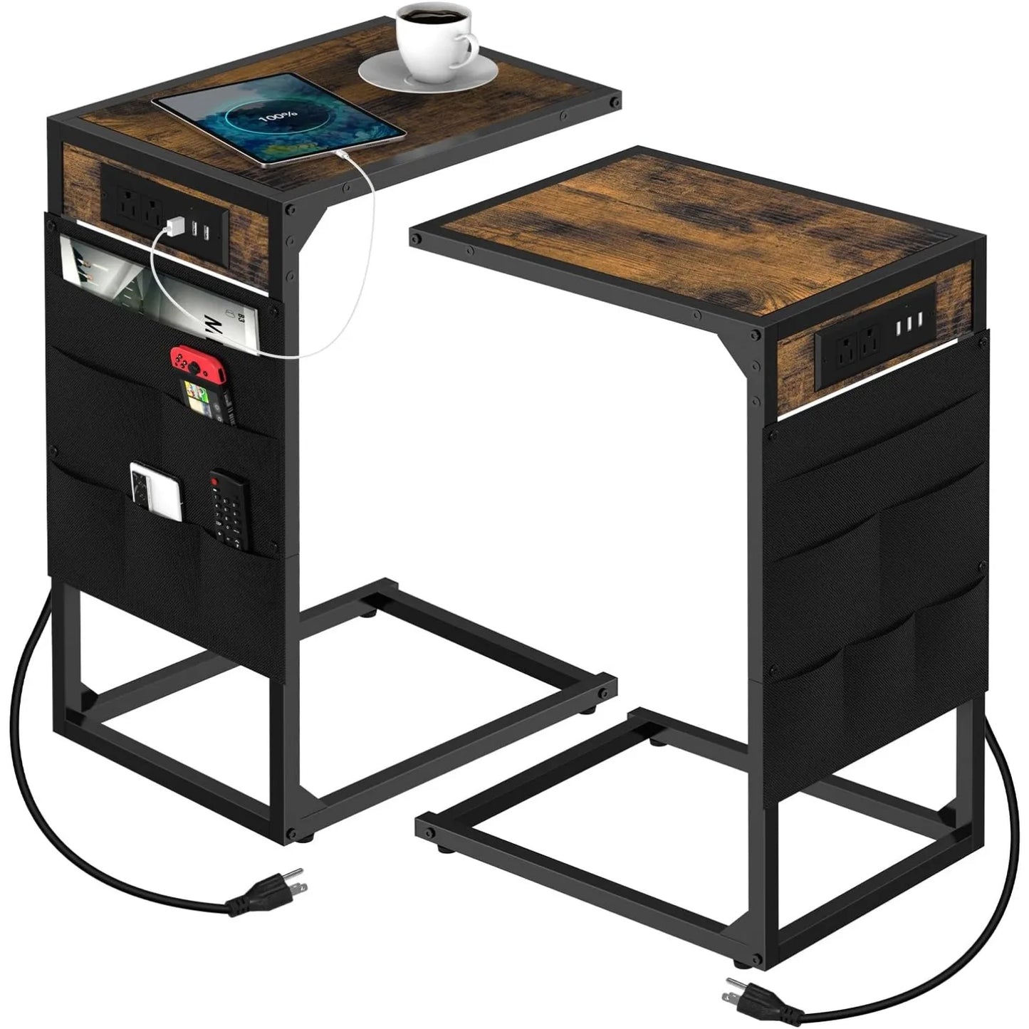 Hign Concerned C Shaped End Table With Charging Station And Storage 2 Piece Metal Frame Living Room And Bedroom