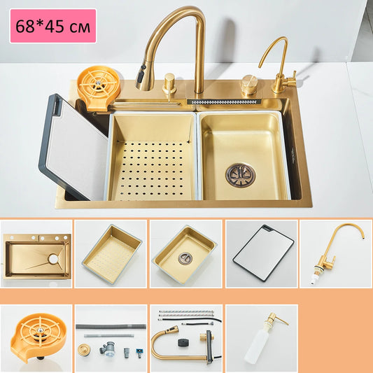 Quyanre 304 Stainless Steel Waterfall Kitchen Sink With Integrated Faucet Set Soap Dispenser Pure Water Cup Washer