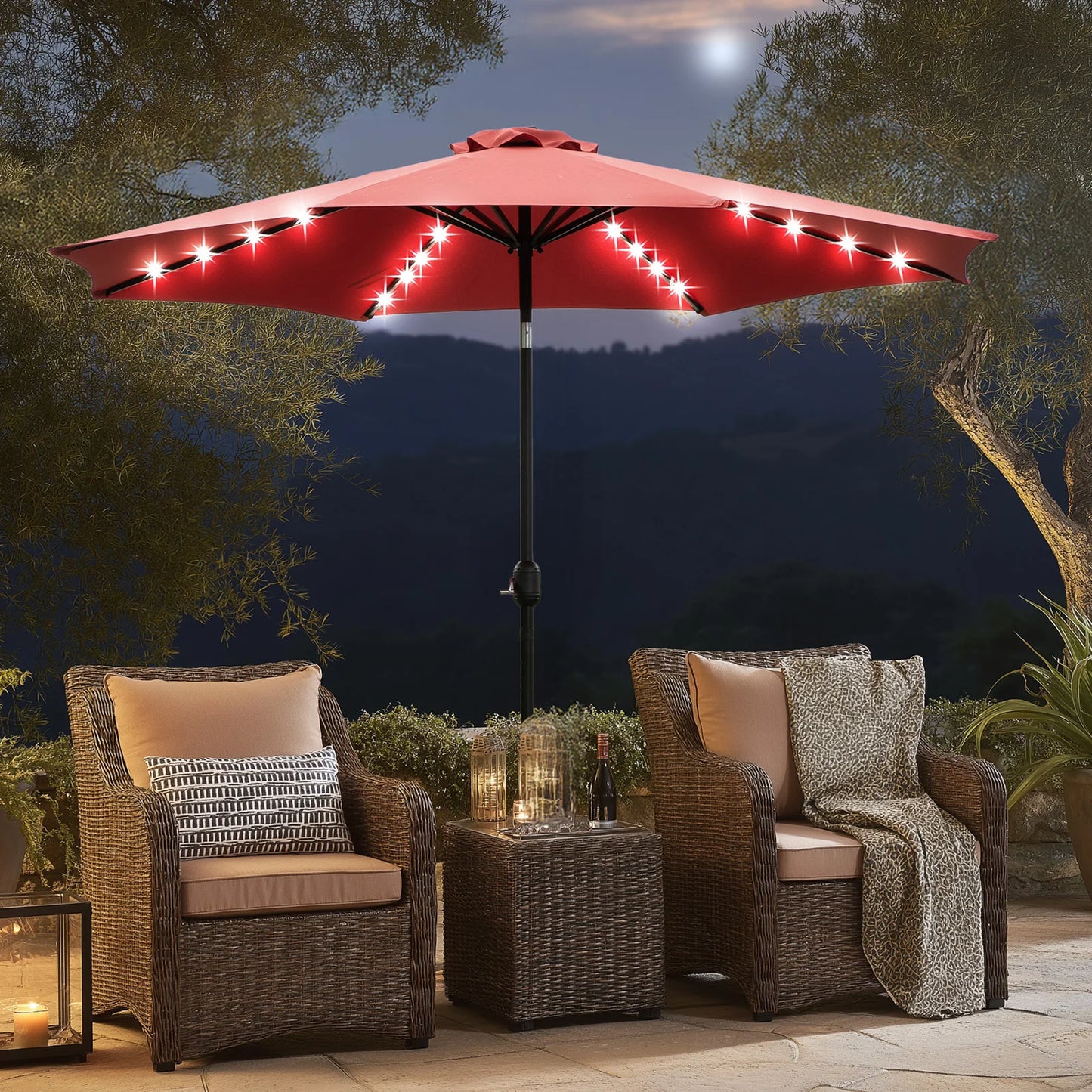 JHK Solar Patio Umbrella With LED Lights Tilt Crank