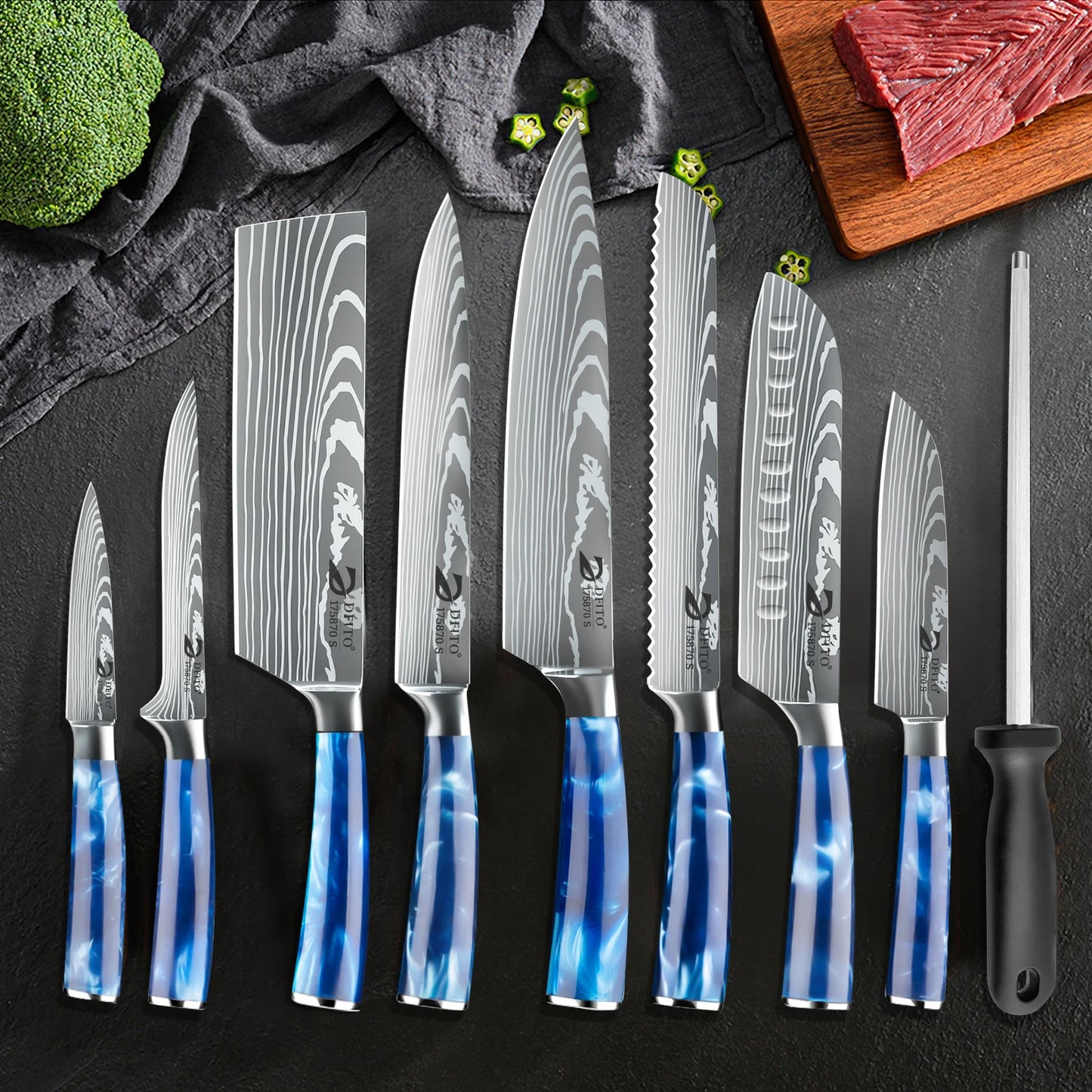 ZENG Stainless Steel Kitchen Knife Set Santoku Cleaver With Cover
