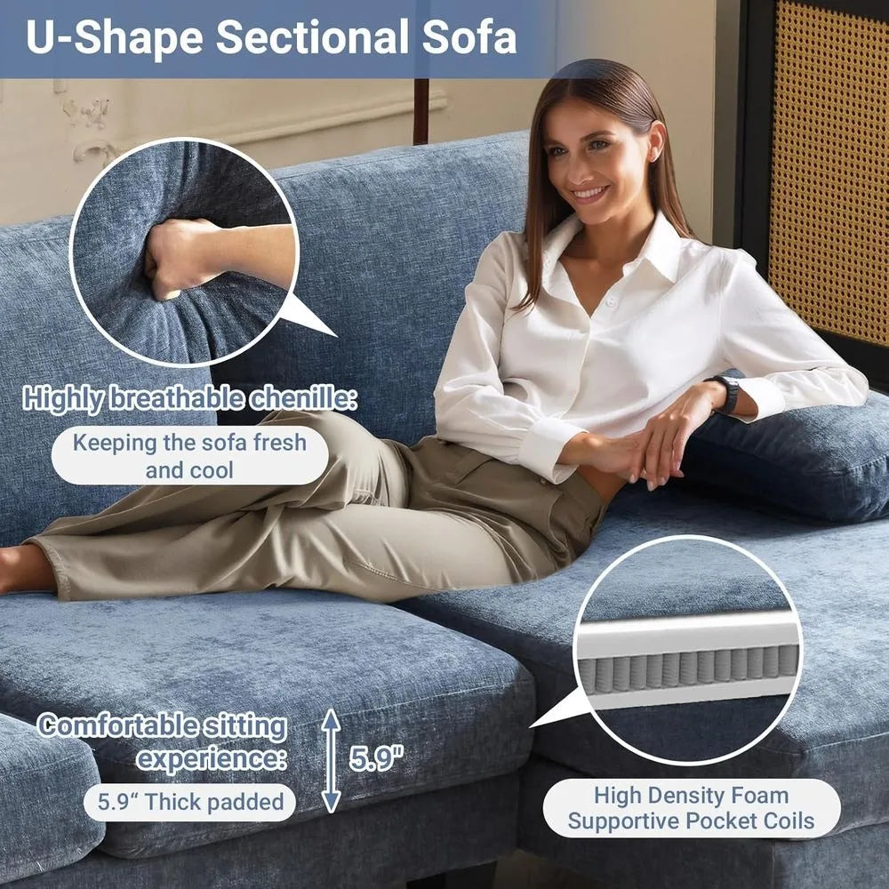 U Shaped Sectional Sofa With Double Chaise Corduroy Fabric