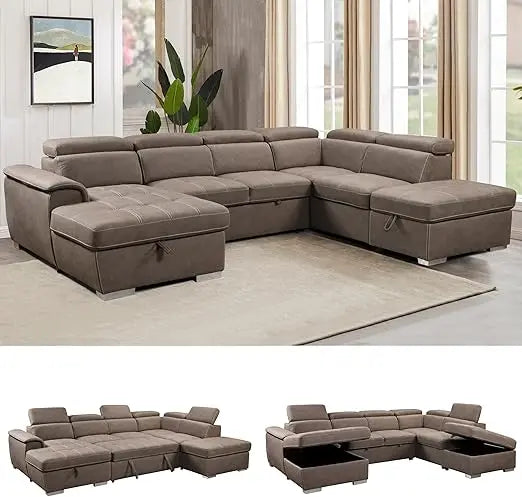 Oversized Microfiber U Shaped Sectional Sofa With Pullout Bed