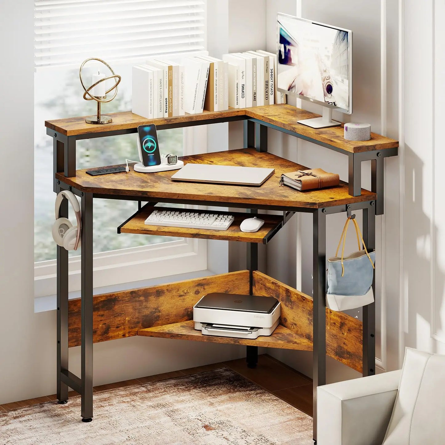 JHK Corner Desk With LED Lights And Storage Shelves