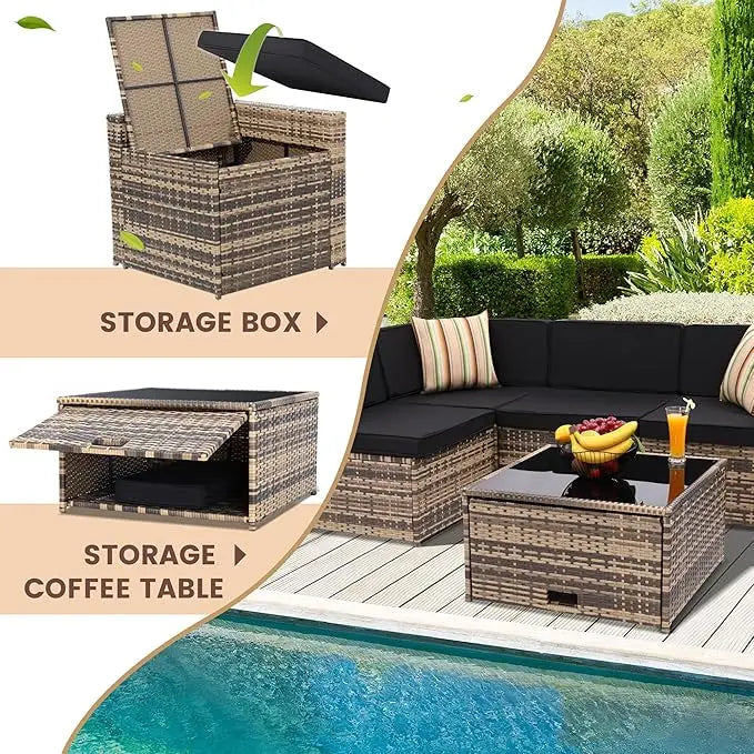 Outdoor Wicker Rattan Patio Sectional Set With Glass Top Table