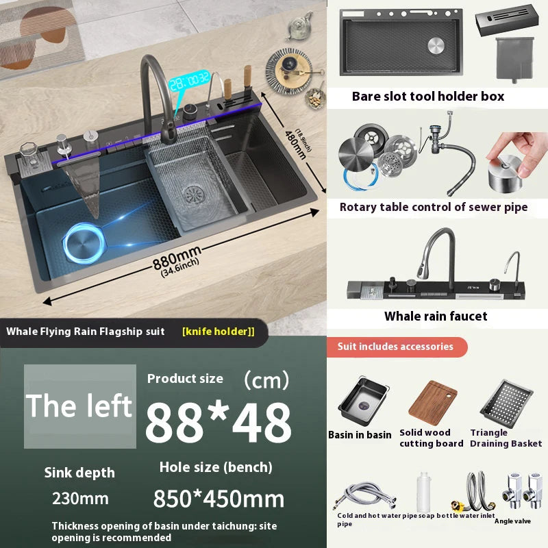 Yuki Like Stainless Steel Waterfall Kitchen Sink With Digital Display