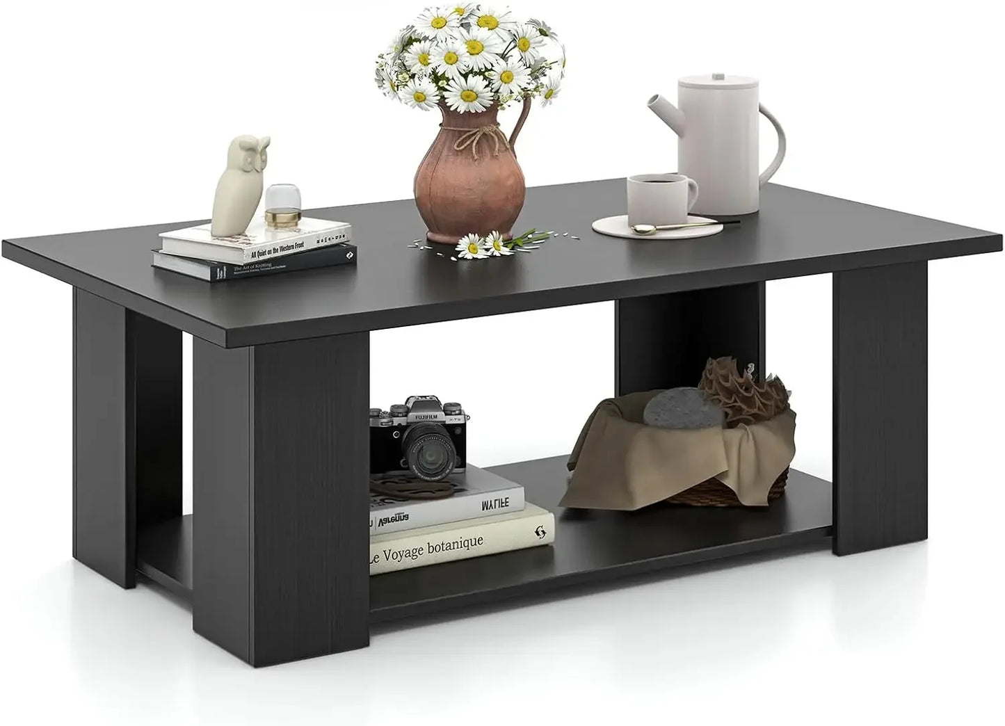 Two Tier Coffee Table Modern Rectangular Center Wooden Cocktail Table