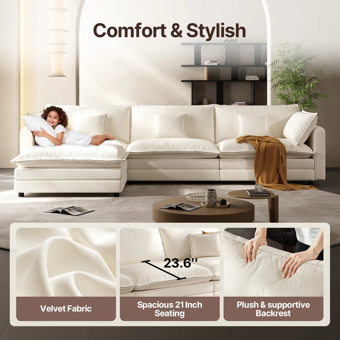 QWCCN Modern L Shaped Velvet Modular Sectional Sofa With Ottoman