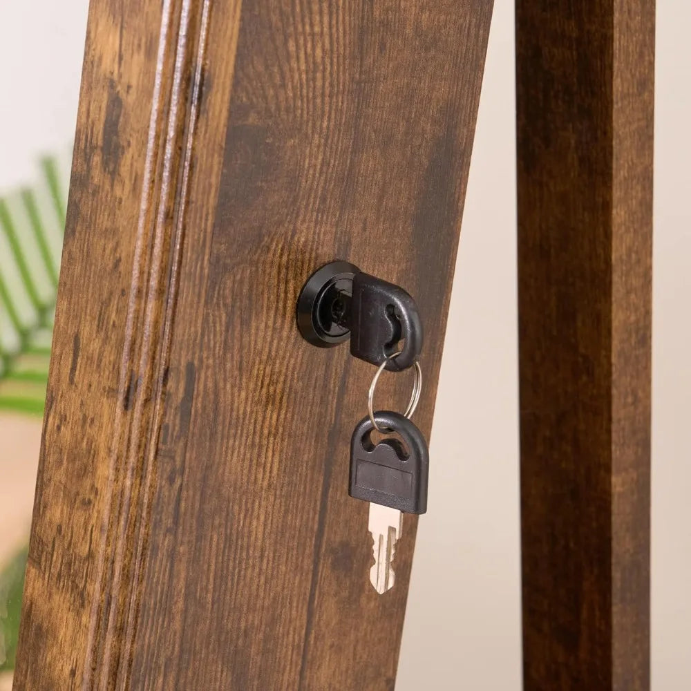 Lockable Floor Standing Wooden Jewelry Armoire with Full Length Mirror 360°Rotatable Jewelry Organizer Cabinet