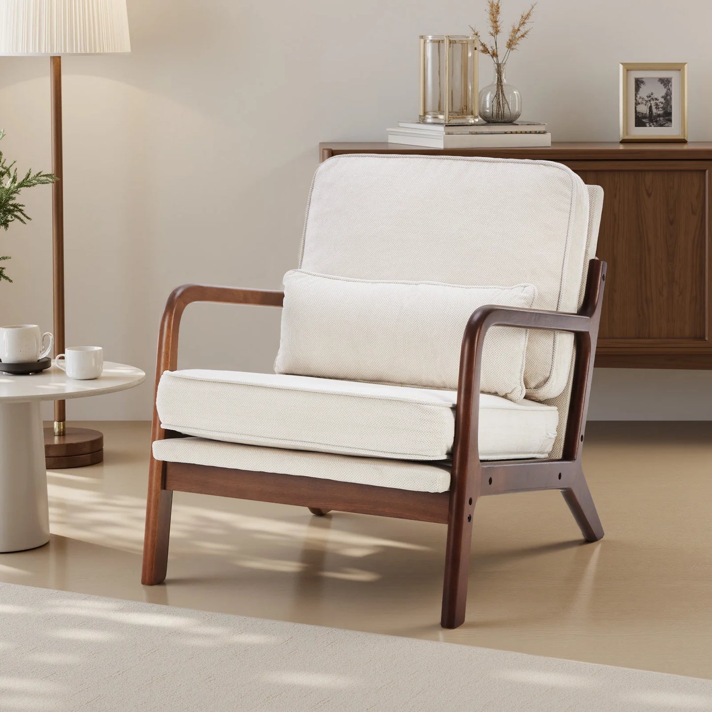 JHK Mid Century Modern Rubberwood Armchair With Durable HighDensityFoam Cushions
