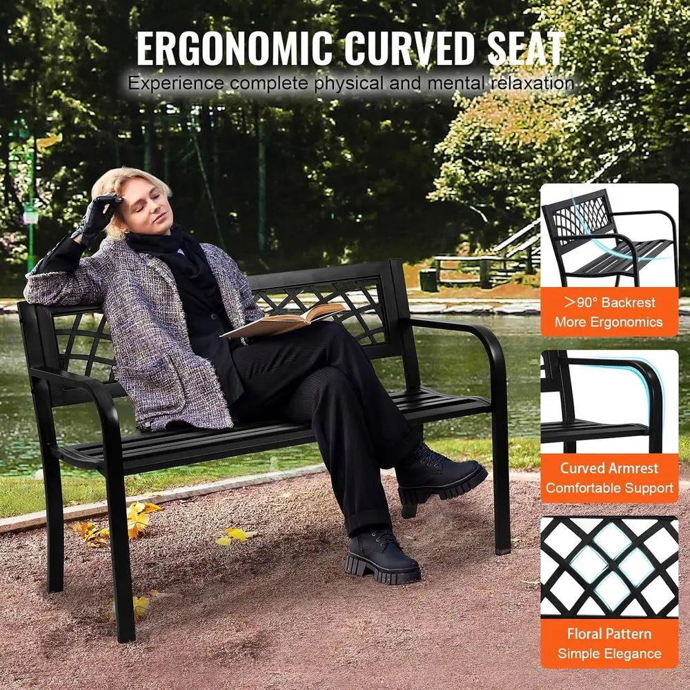 Outdoor Metal Garden Bench With Mesh Backrest And Armrests