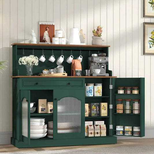 Solid Wood Coffee Bar Cabinet With Drawer And Glass Doors